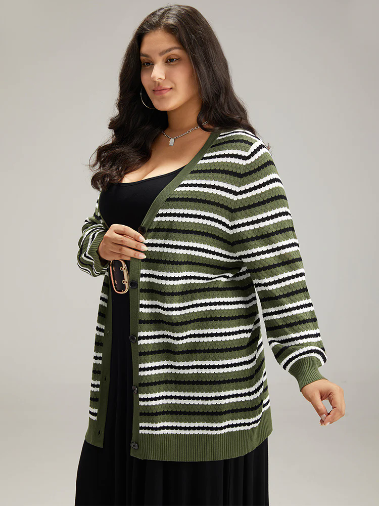 Striped Contrast Elastic Cuffs Button Through Cardigan Striped Contrast Elastic Cuffs Button Through Cardigan