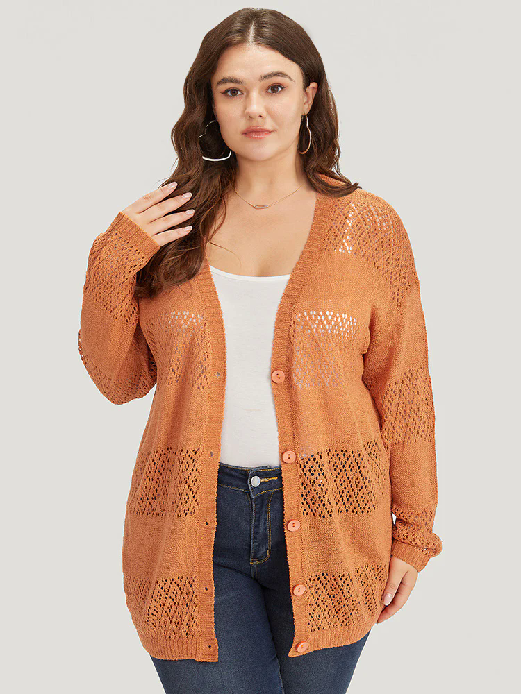 Plain Geometric Eyelet Button Through Loose Cardigan Plain Geometric Eyelet Button Through Loose Cardigan