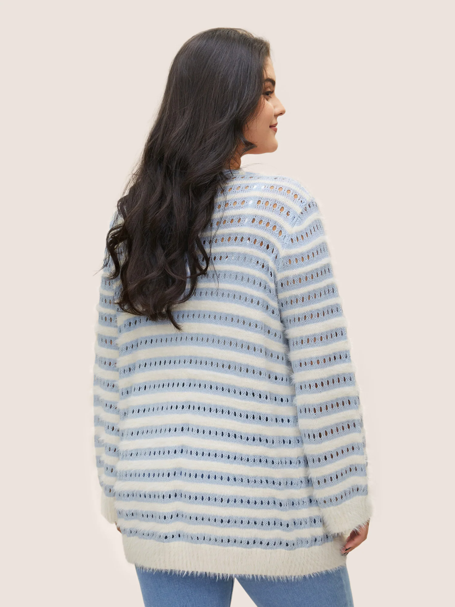 Striped Contrast Ties Front Eyelet Cardigan Striped Contrast Ties Front Eyelet Cardigan