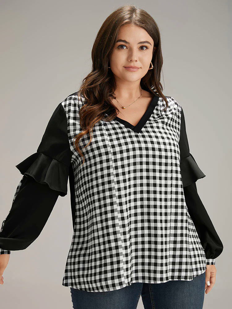 Gingham Patchwork Ruffle Trim Blouse Gingham Patchwork Ruffle Trim Blouse