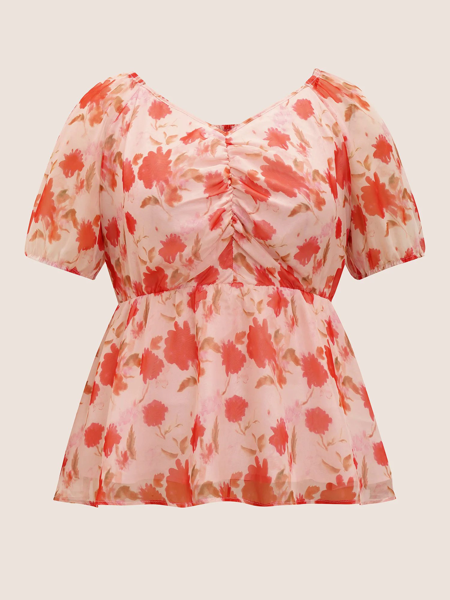 Floral Elastic Waist Mesh Ruched Blouse Floral Elastic Waist Mesh Ruched Blouse