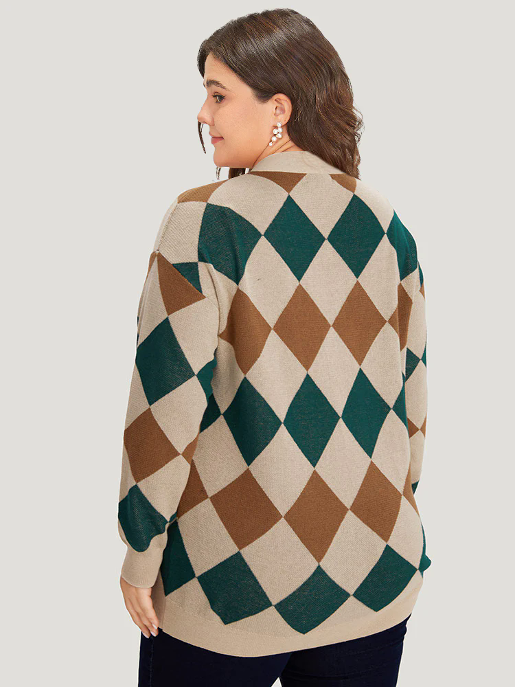 Argyle Plaid Contrast Button Up Cardigan Argyle Plaid Contrast Button Up Cardigan