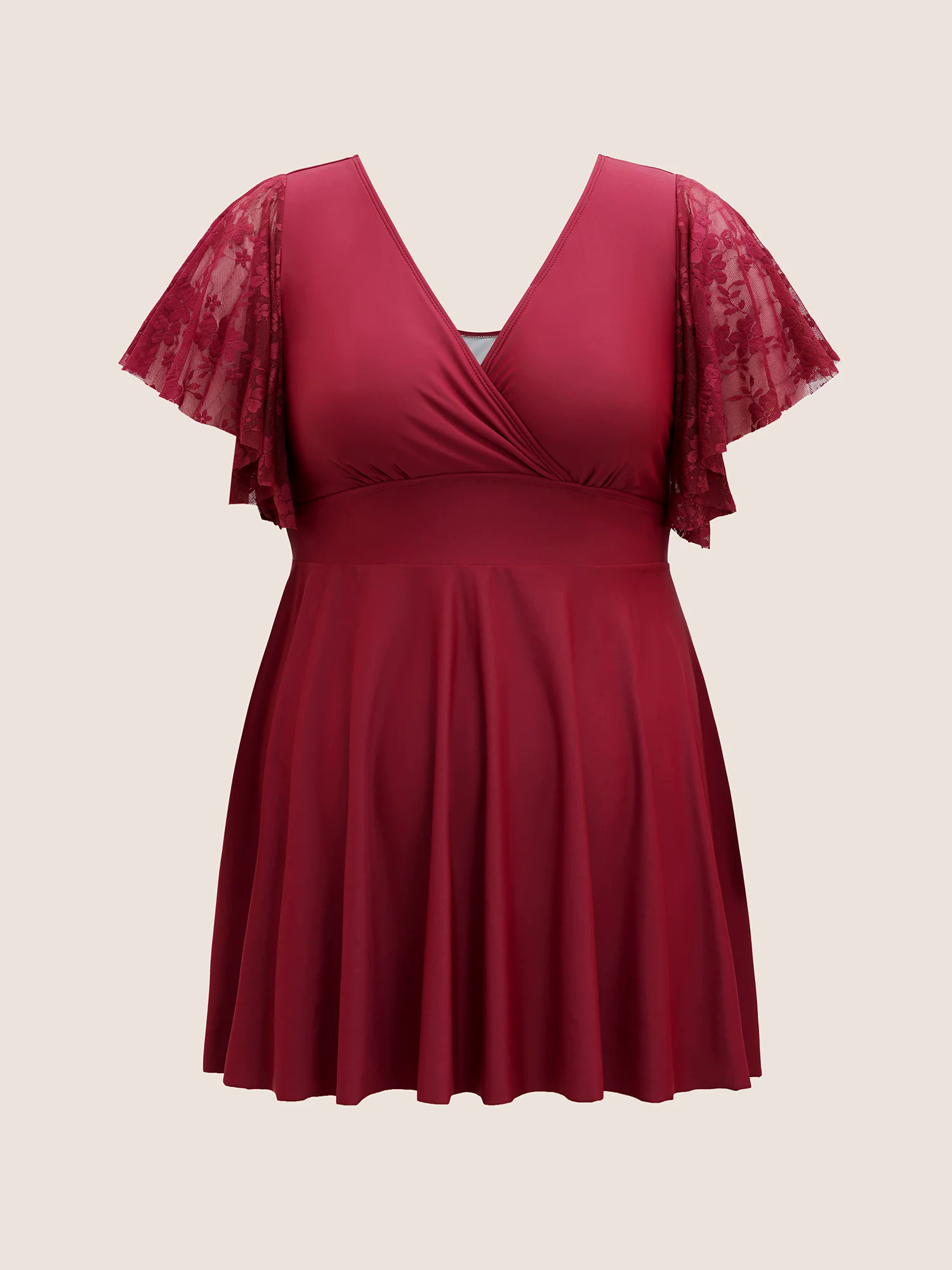 Solid Overlap Collar Lace Patchwork Gathered Swim Dress Solid Overlap Collar Lace Patchwork Gathered Swim Dress
