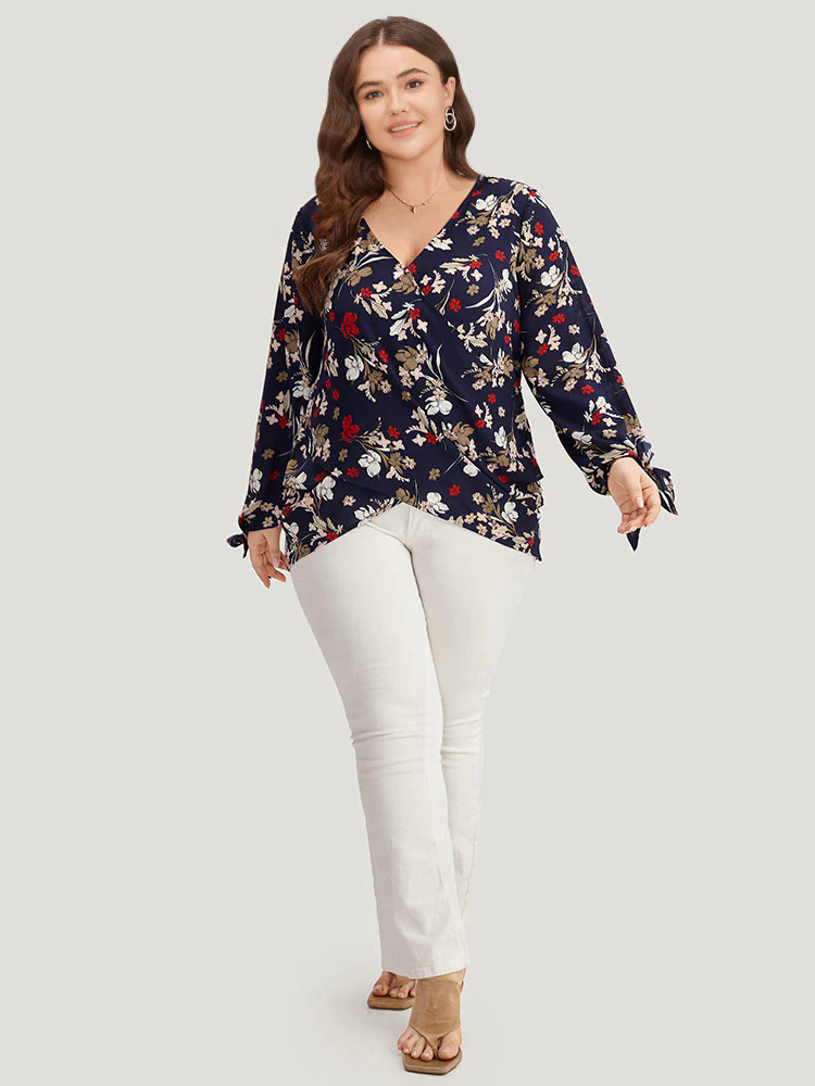 Floral V Neck Wrap Twist Sleeve Blouse Floral V Neck Wrap Twist Sleeve Blouse