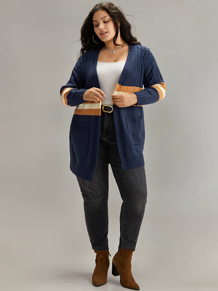 Cable Knit Colorblock Contrast Open Front Cardigan Cable Knit Colorblock Contrast Open Front Cardigan