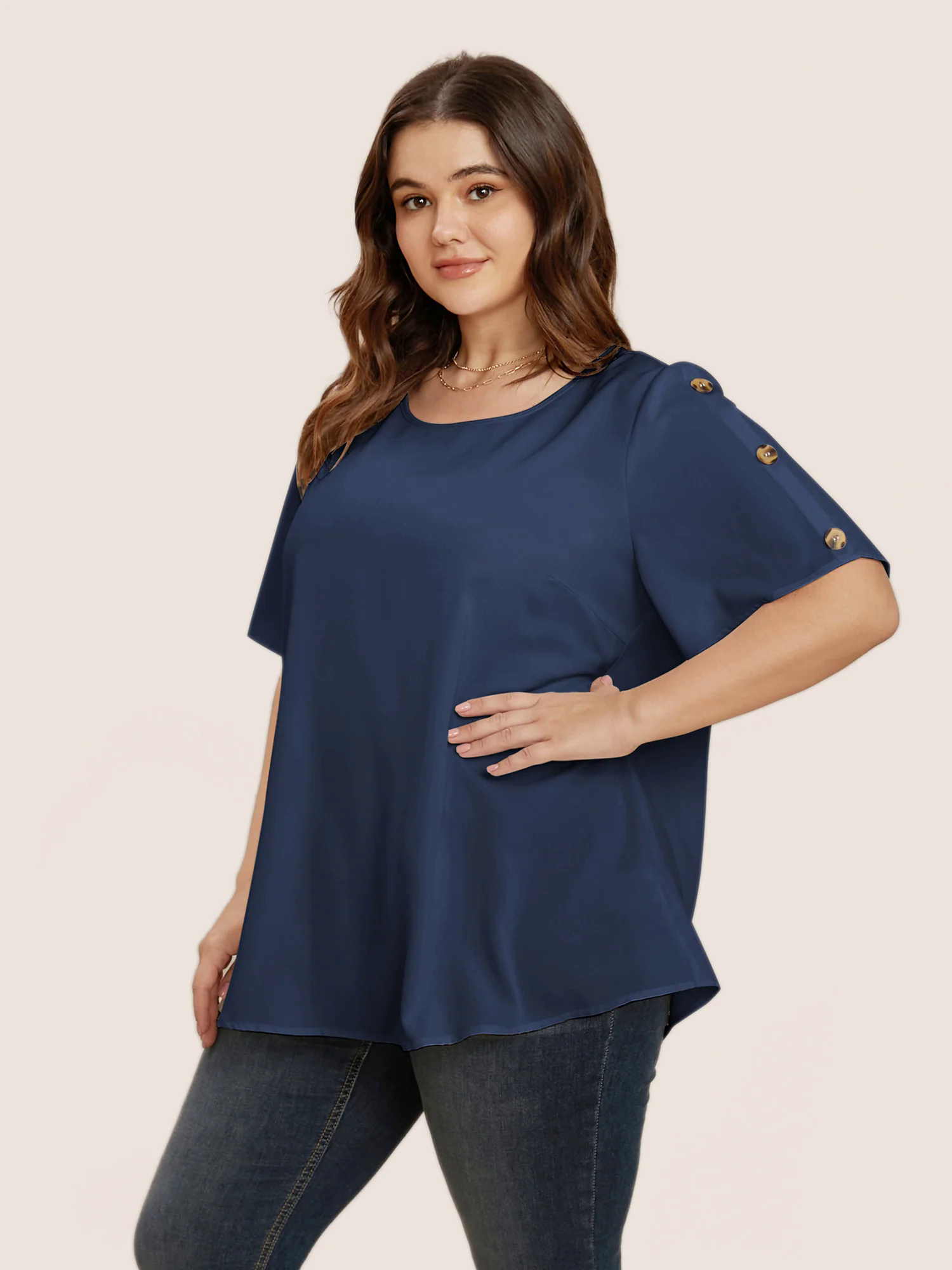 Plain Round Neck Button Detail Blouse Plain Round Neck Button Detail Blouse