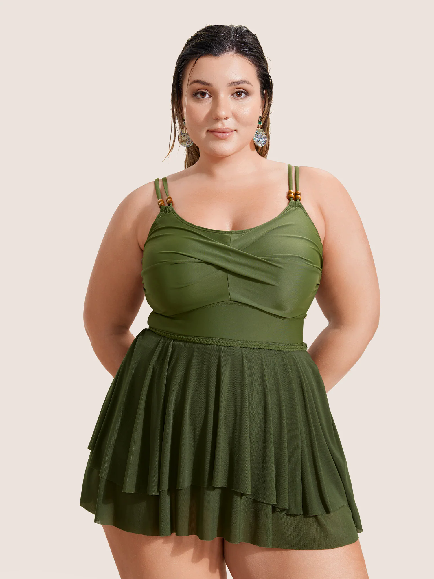 Solid Twist Front Tiered Hem Swim Dress Solid Twist Front Tiered Hem Swim Dress