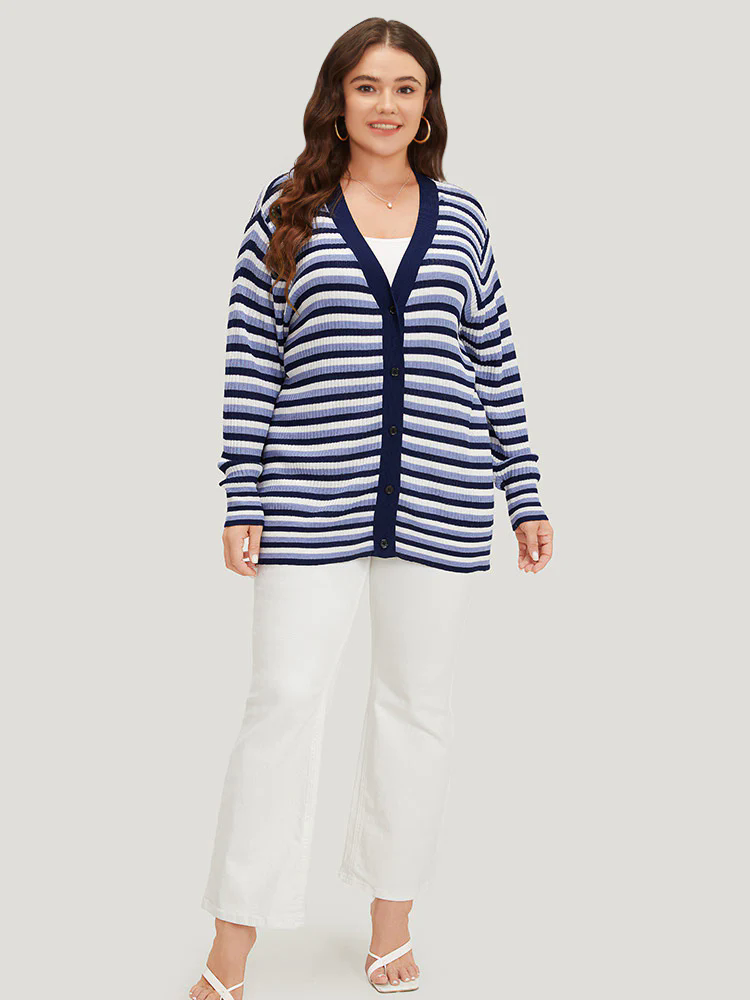 Contrast Striped Rib Knit Button Through Cardigan Contrast Striped Rib Knit Button Through Cardigan