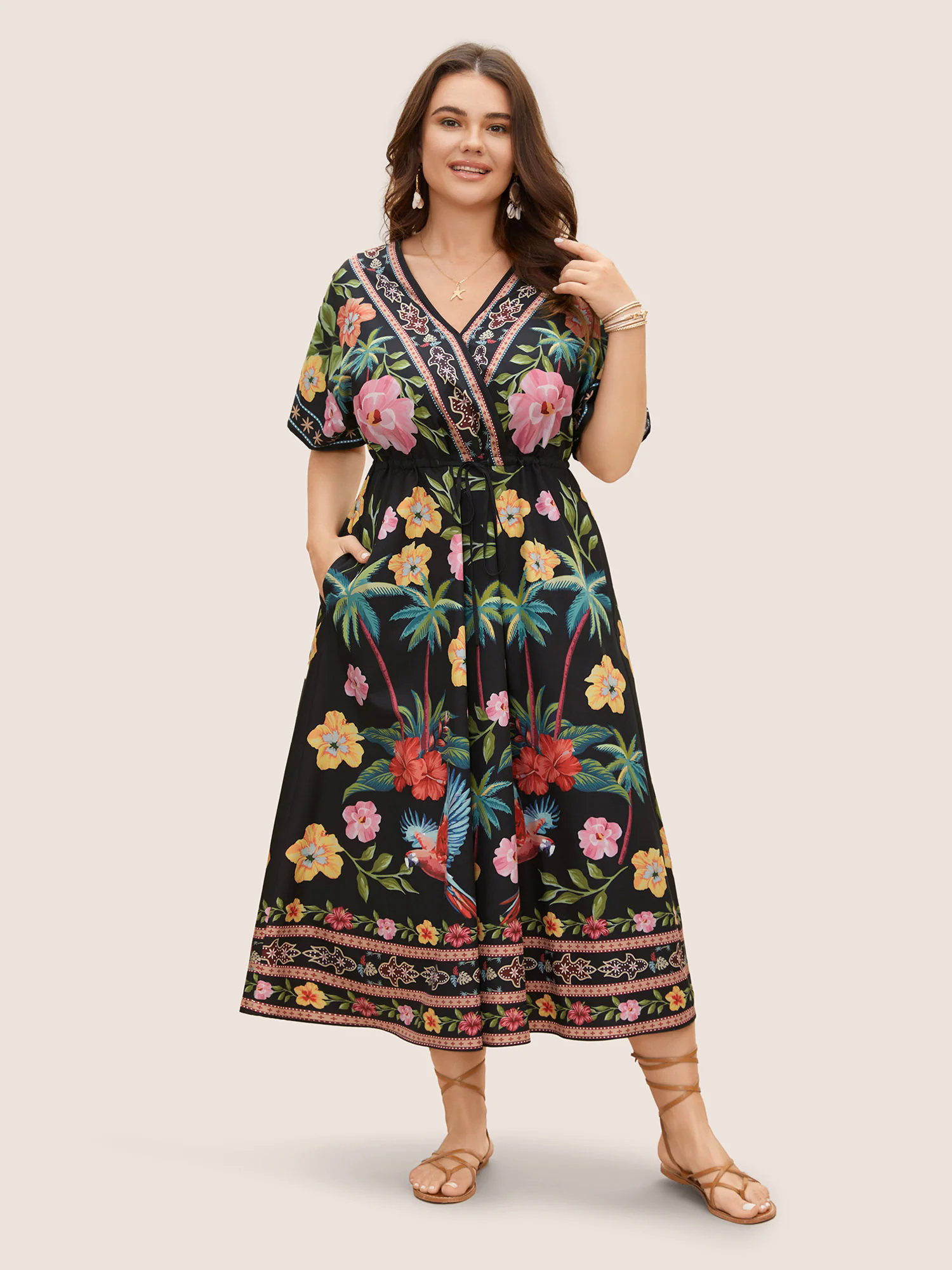 Boho Print Overlap Collar Drawstring Dress Boho Print Overlap Collar Drawstring Dress