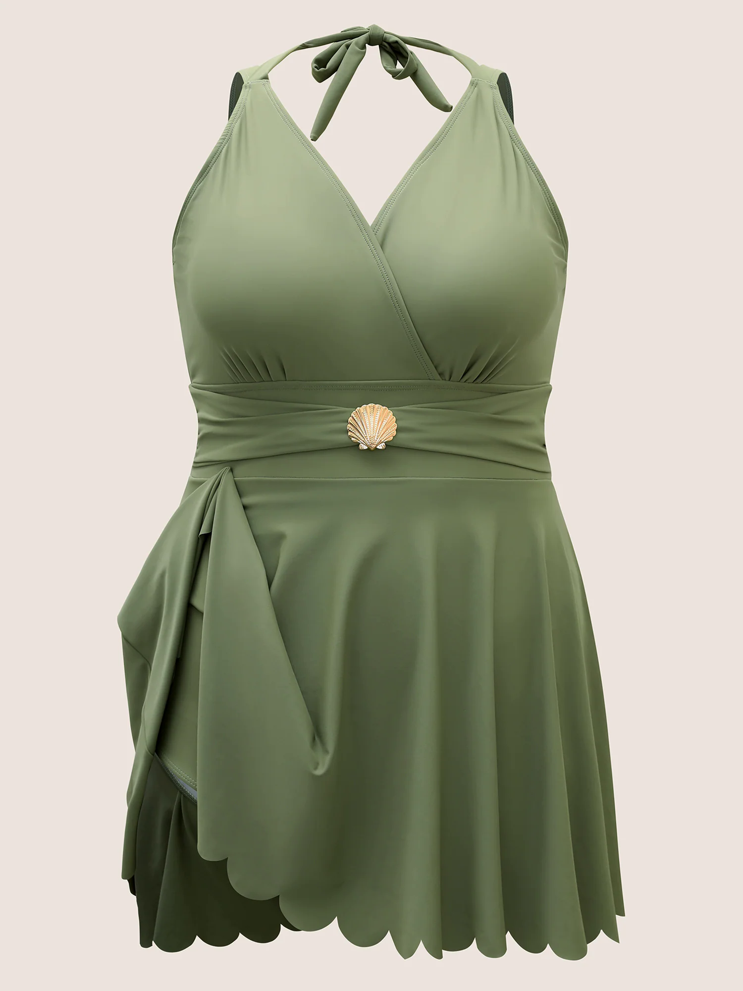 Solid Tie Knot Metal Shell Detail Swim Dress Solid Tie Knot Metal Shell Detail Swim Dress