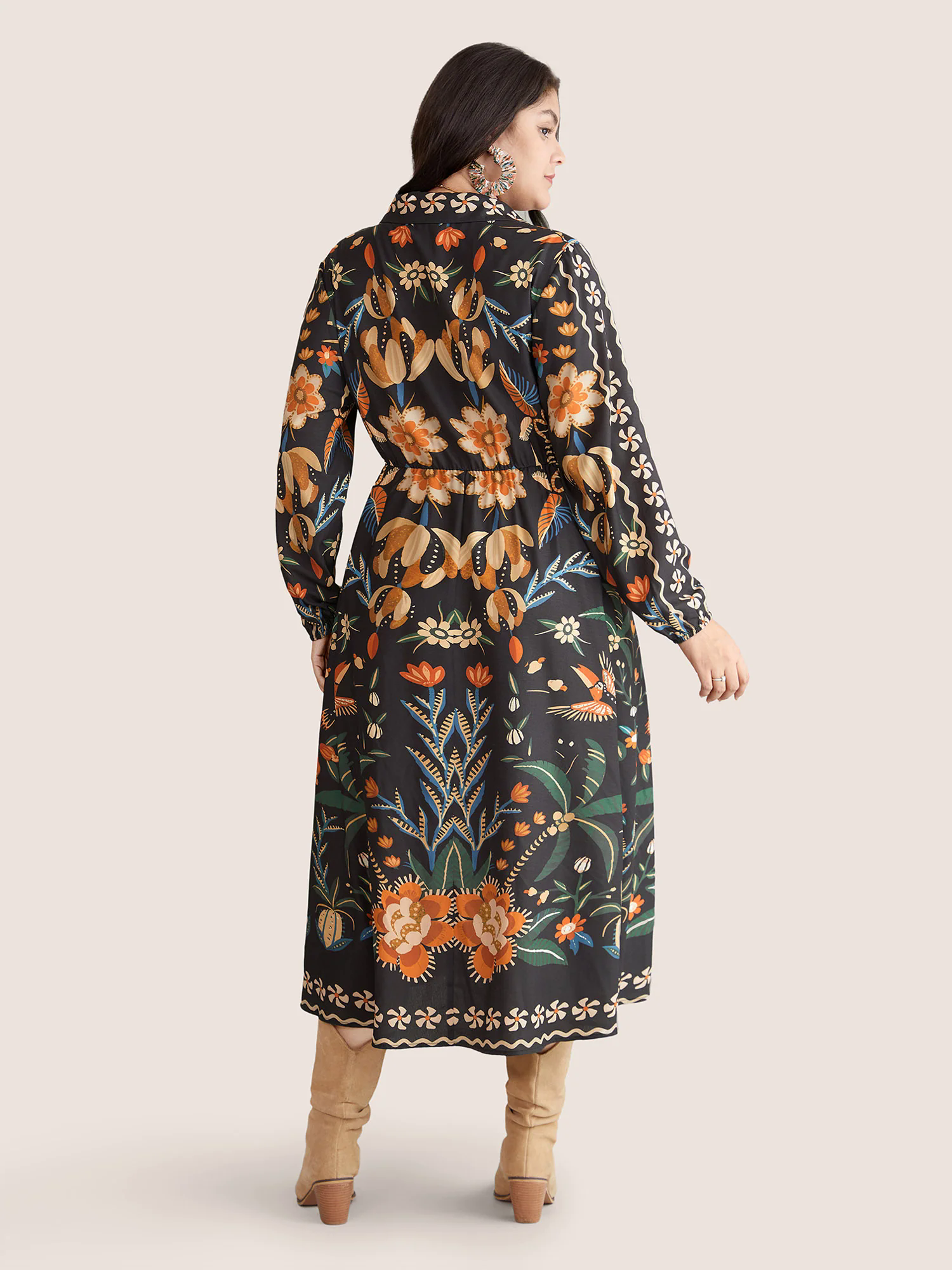 Bandana Print Pocket Lapel Collar Elastic Cuffs Dress