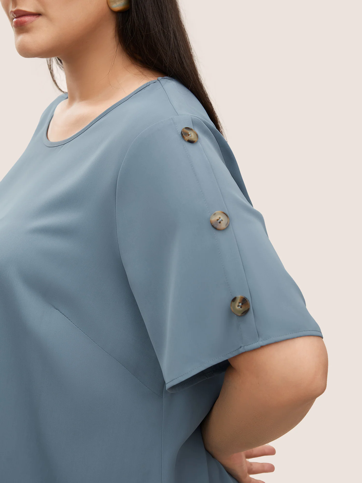 Plain Round Neck Button Detail Blouse Plain Round Neck Button Detail Blouse