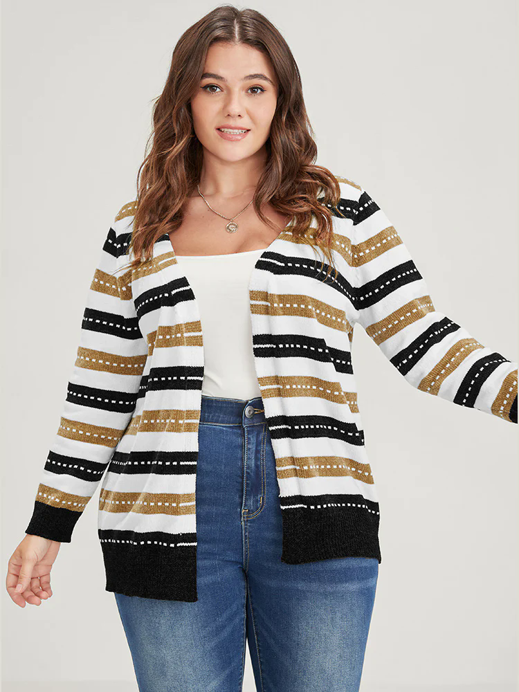 Striped Contrast Pointelle Knit Jacquard Open Front Cardigan Striped Contrast Pointelle Knit Jacquard Open Front Cardigan
