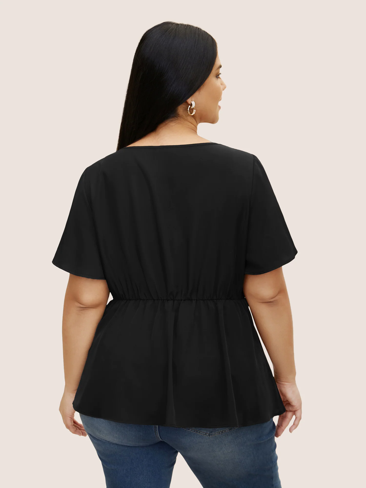 Plain Cut Out Gathered Flutter Sleeve Blouse Plain Cut Out Gathered Flutter Sleeve Blouse