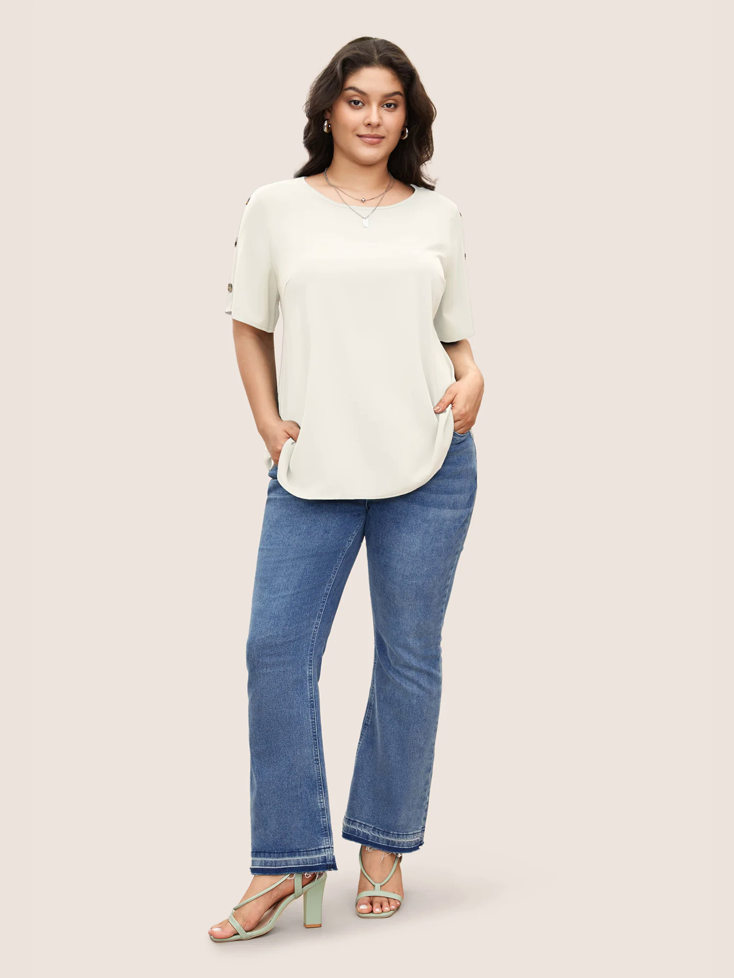 Plain Round Neck Button Detail Blouse Plain Round Neck Button Detail Blouse