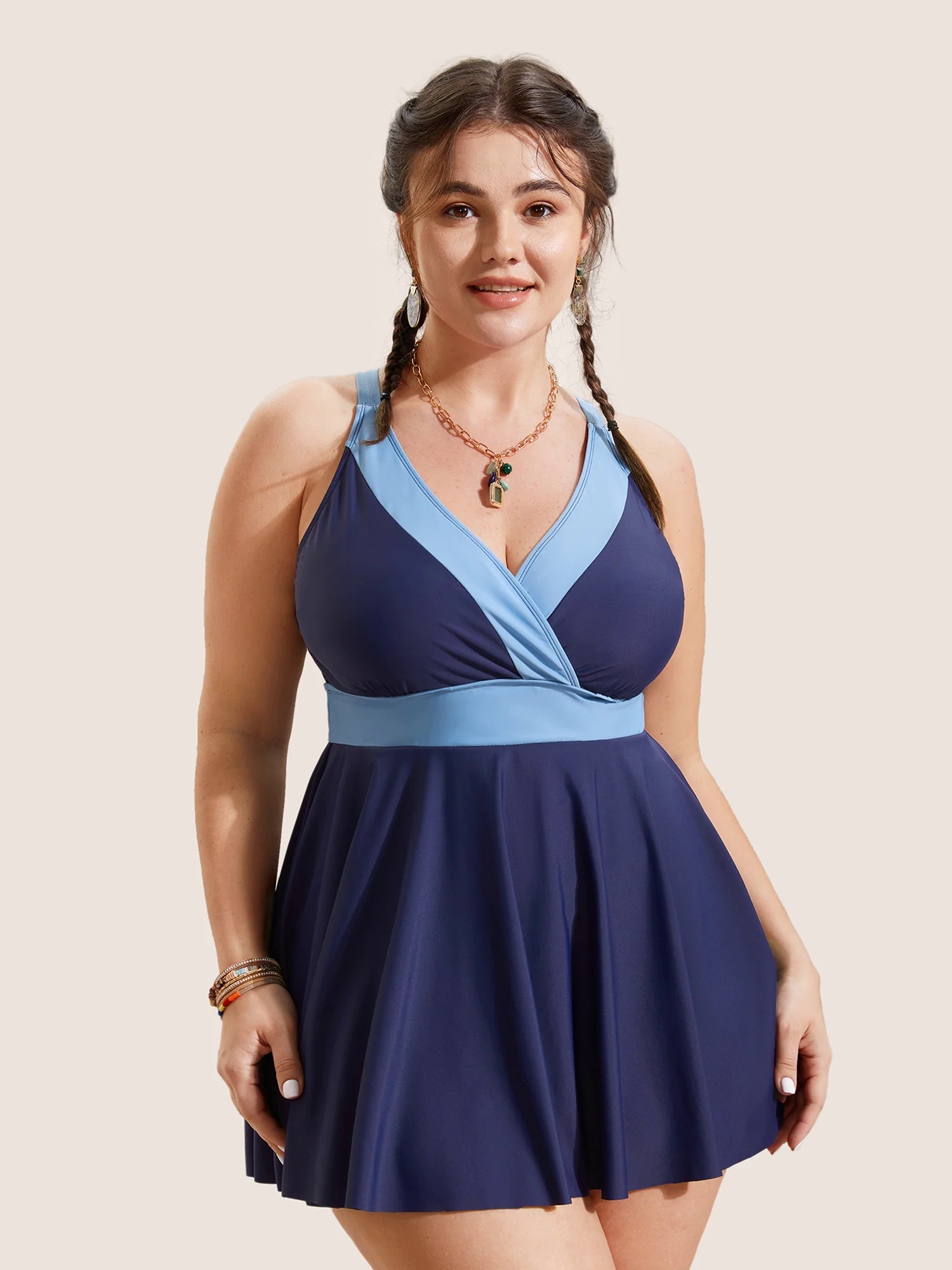 Two Tone Gathered Overlap Collar Swim Dress Two Tone Gathered Overlap Collar Swim Dress