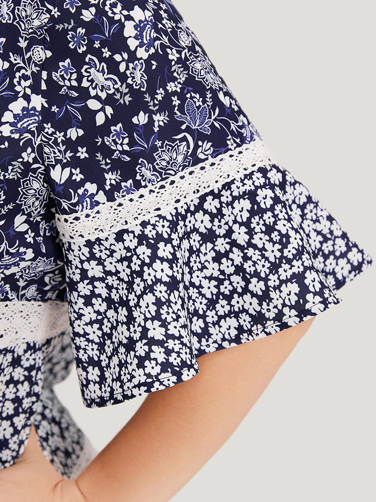 Ditsy Floral Patchwork Square Neck Flutter Sleeve Blouse Ditsy Floral Patchwork Square Neck Flutter Sleeve Blouse