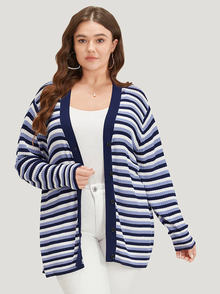 Contrast Striped Rib Knit Button Through Cardigan Contrast Striped Rib Knit Button Through Cardigan