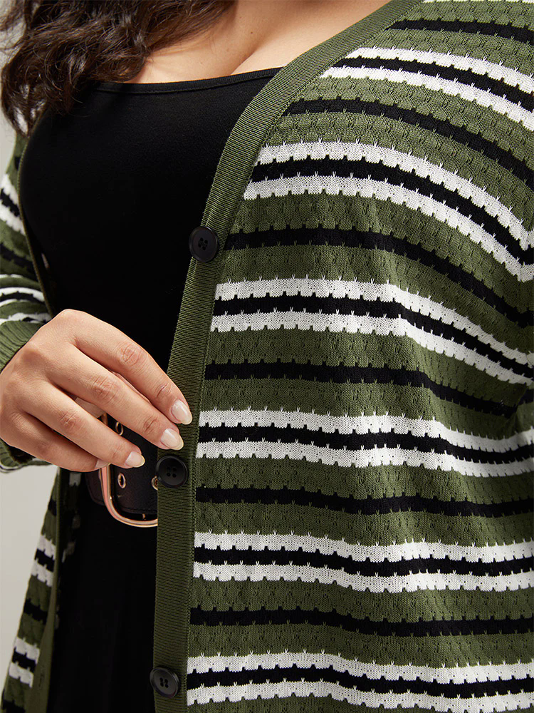 Striped Contrast Elastic Cuffs Button Through Cardigan Striped Contrast Elastic Cuffs Button Through Cardigan