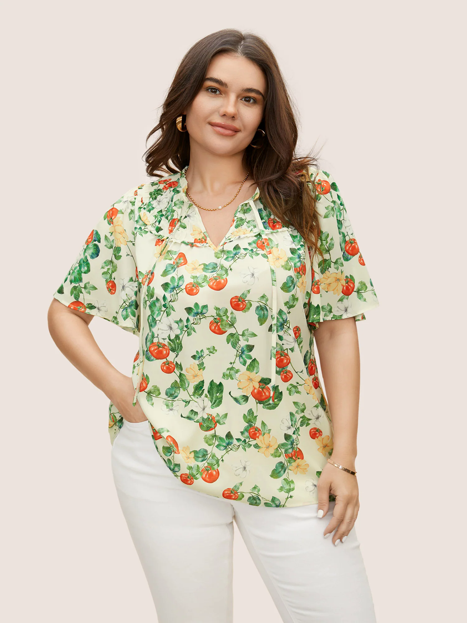 Tomato Print Frill Trim Lace Up Blouse