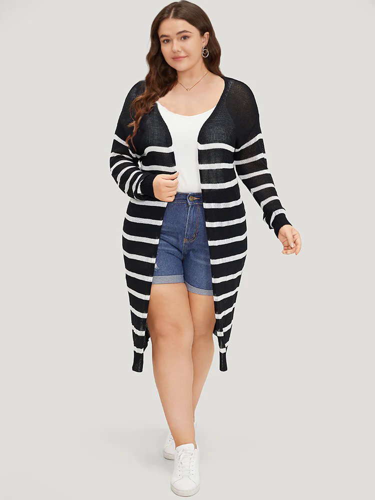 Striped Open Front Elastic Cuffs Drop Shoulder Cardigan Striped Open Front Elastic Cuffs Drop Shoulder Cardigan