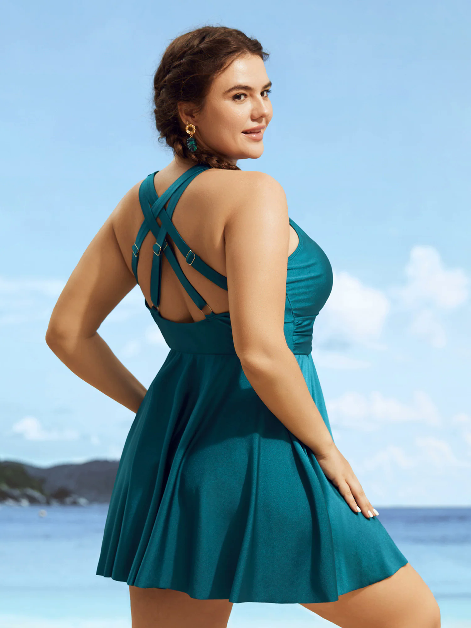 Halter Back Crisscross Pleated Swim Dress Halter Back Crisscross Pleated Swim Dress