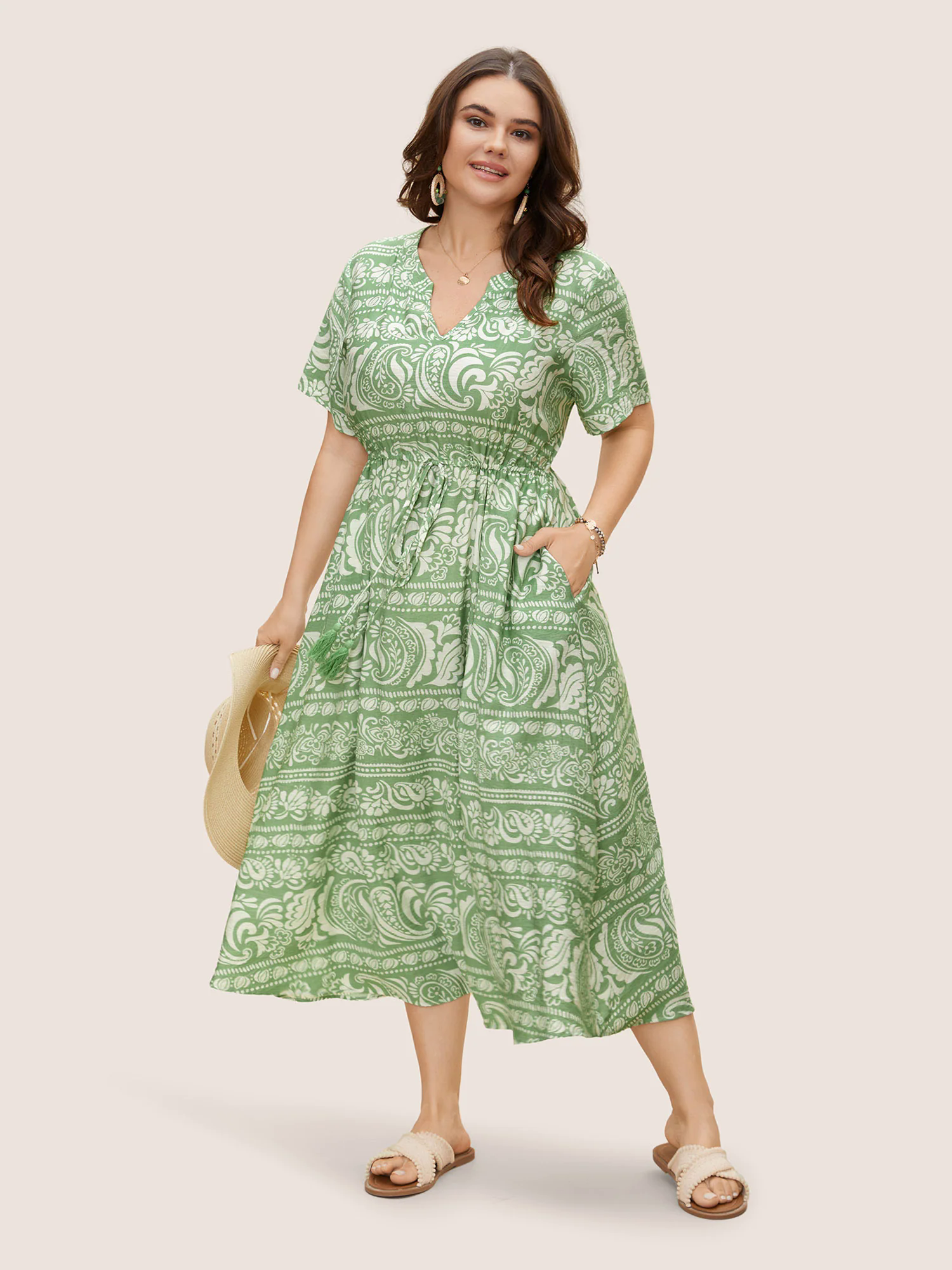 Boho Print Drawstring Tassels Midi Dress Boho Print Drawstring Tassels Midi Dress