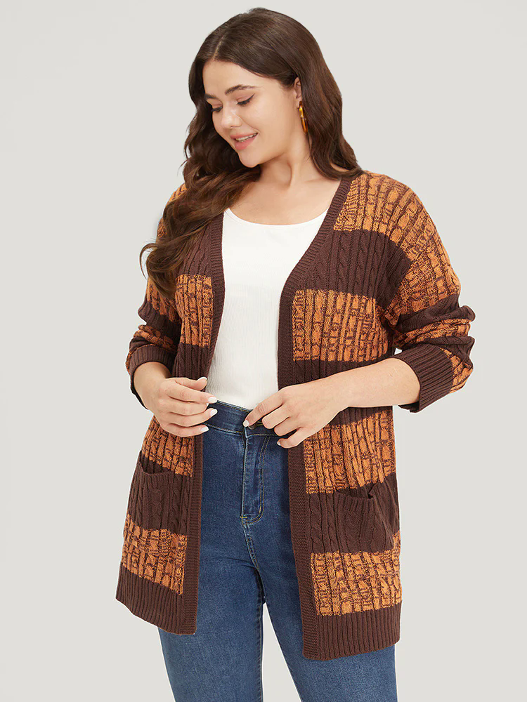 Halloween Colorblock Cable Knit Patched Pocket Cardigan Halloween Colorblock Cable Knit Patched Pocket Cardigan