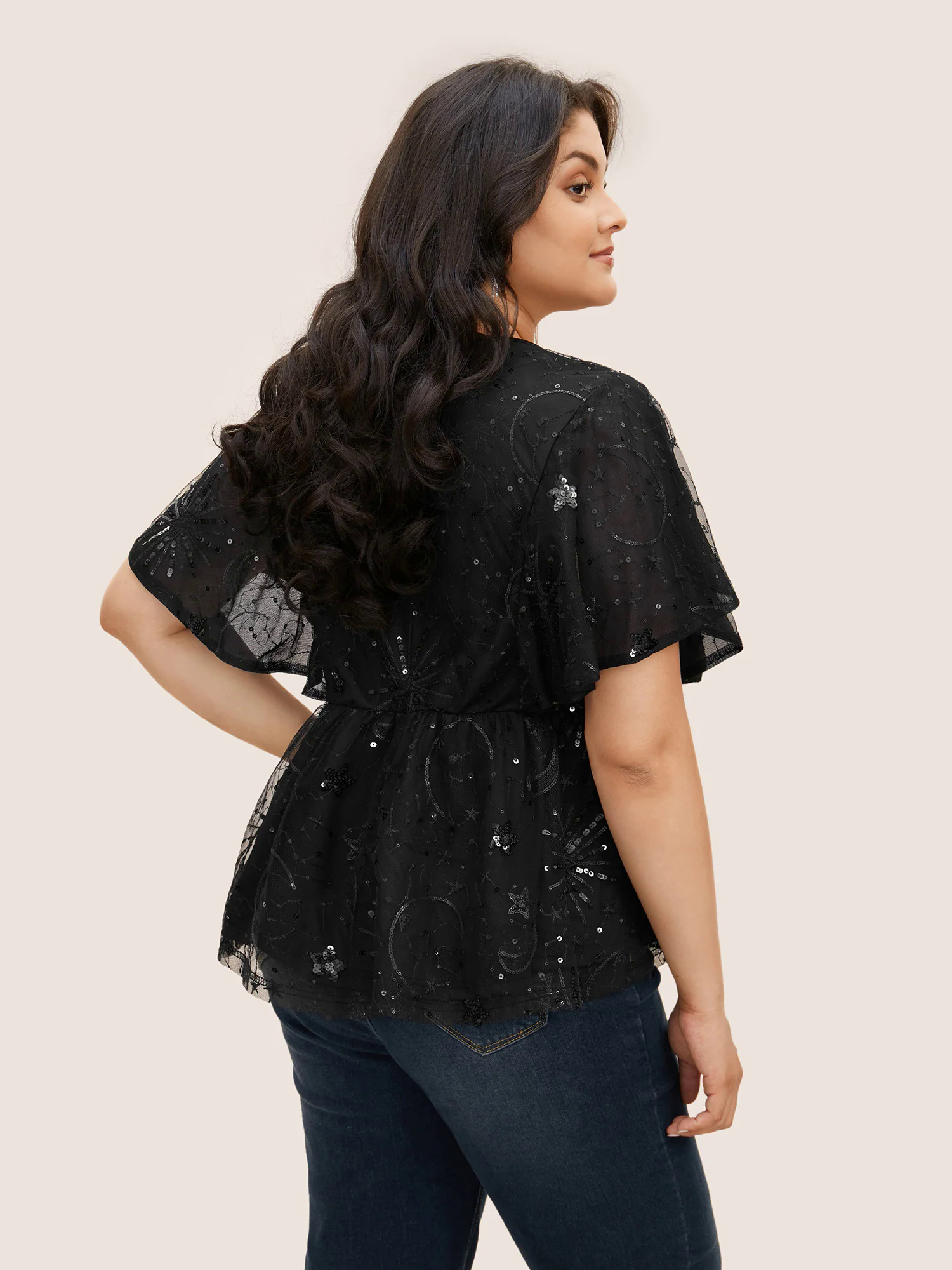 Overlap Collar Star Sequin Mesh Embroidered T-shirt Overlap Collar Star Sequin Mesh Embroidered T-shirt