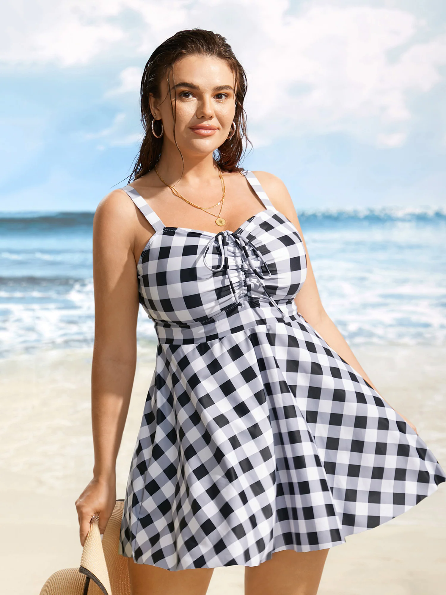 Plaid Heart Neckline Drawstring Ruched Swim Dress Plaid Heart Neckline Drawstring Ruched Swim Dress