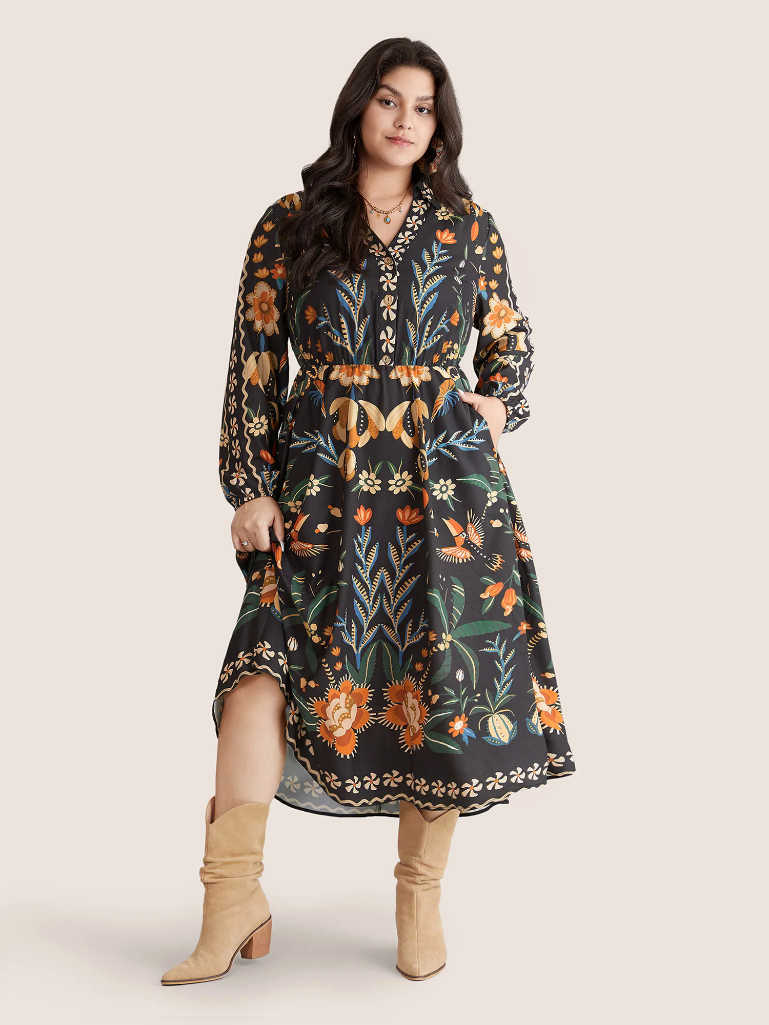 Bandana Print Pocket Lapel Collar Elastic Cuffs Dress