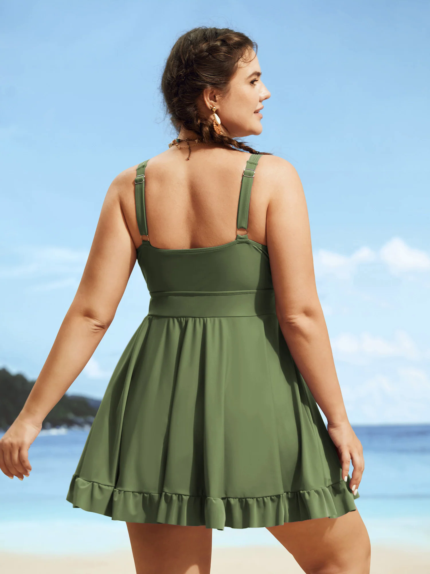 V Neck Solid Tie Knot Ruffles Swim Dress V Neck Solid Tie Knot Ruffles Swim Dress