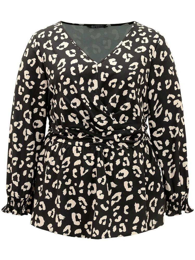 Leopard Print Crossover Ruched Shirred Blouse Leopard Print Crossover Ruched Shirred Blouse