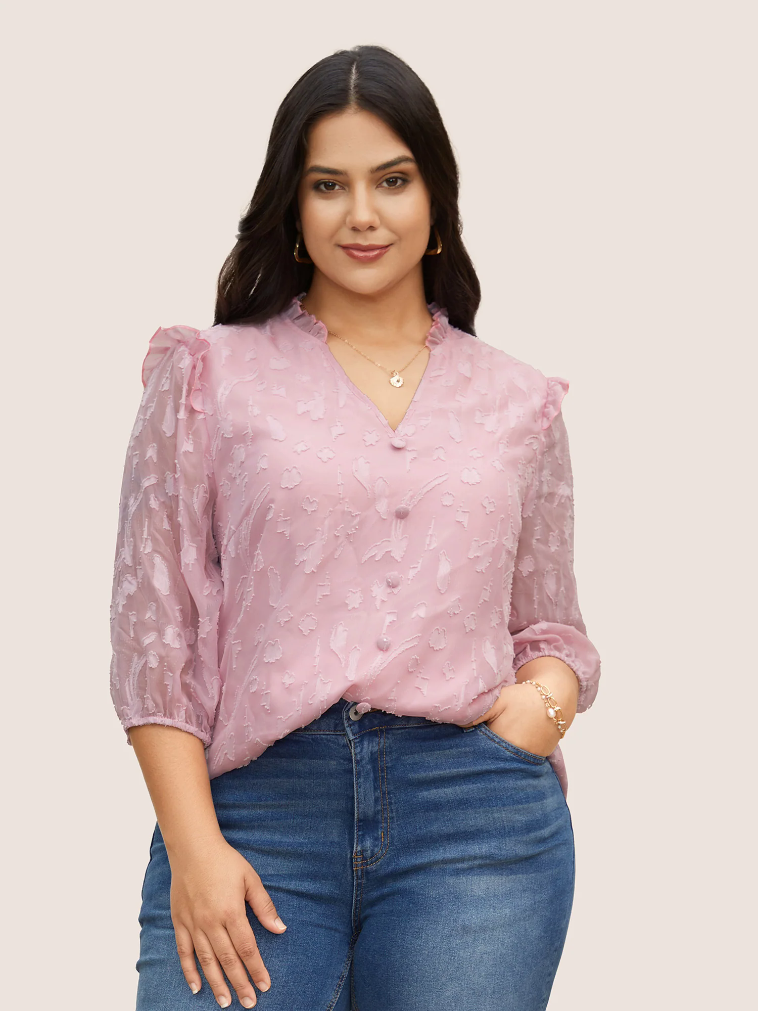 Chiffon Plain Textured Ruffle Trim Blouse Chiffon Plain Textured Ruffle Trim Blouse