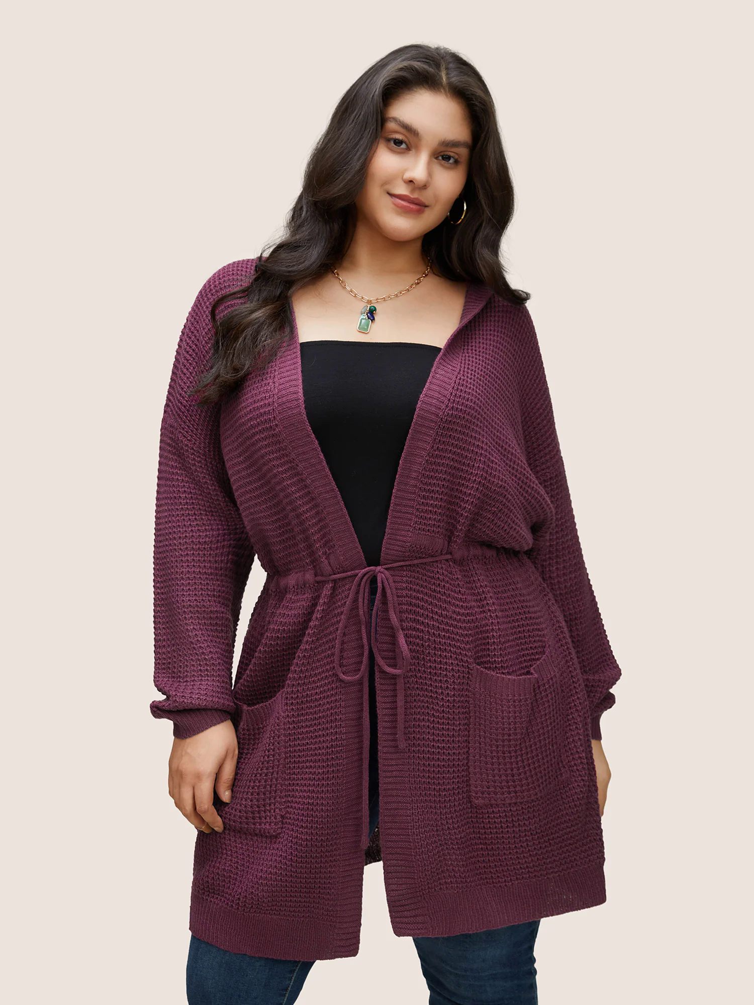 Solid Drawstring Pocket Hooded Open Front Cardigan Solid Drawstring Pocket Hooded Open Front Cardigan