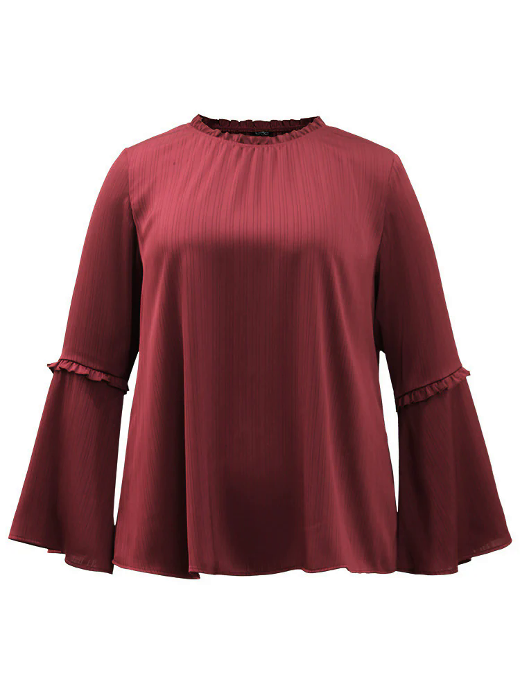 Anti-Wrinkle Plain Frill Trim Bell Sleeve Blouse Anti-Wrinkle Plain Frill Trim Bell Sleeve Blouse