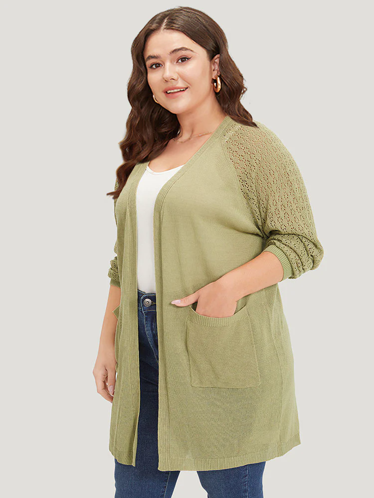 Solid Patched Pocket Geometric Eyelet Raglan Sleeve Cardigan Solid Patched Pocket Geometric Eyelet Raglan Sleeve Cardigan