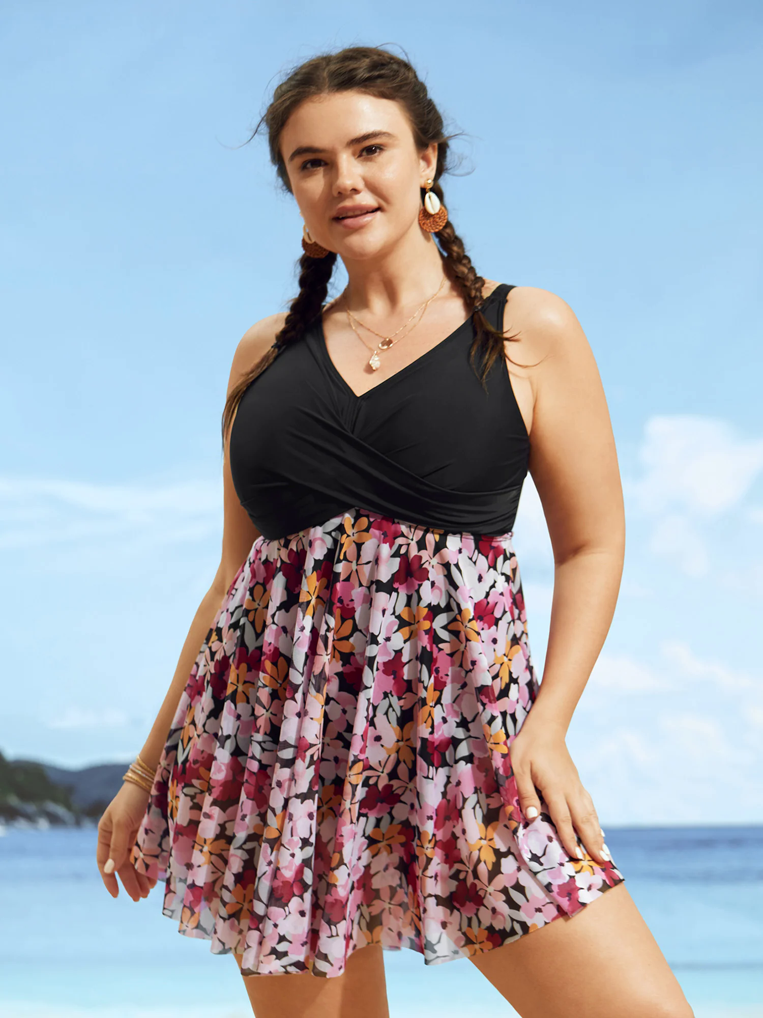 Floral Patchwork Mesh Crossover Swim Dress Floral Patchwork Mesh Crossover Swim Dress