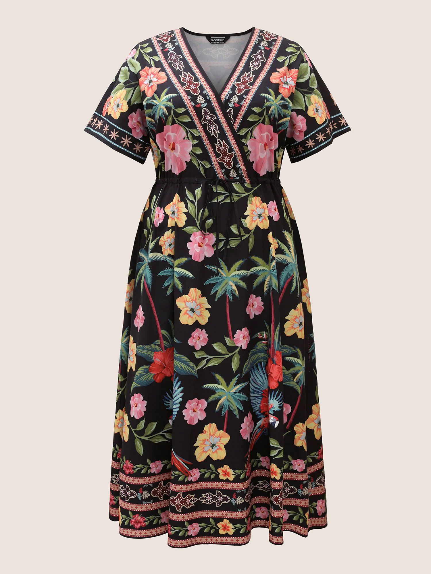 Boho Print Overlap Collar Drawstring Dress Boho Print Overlap Collar Drawstring Dress