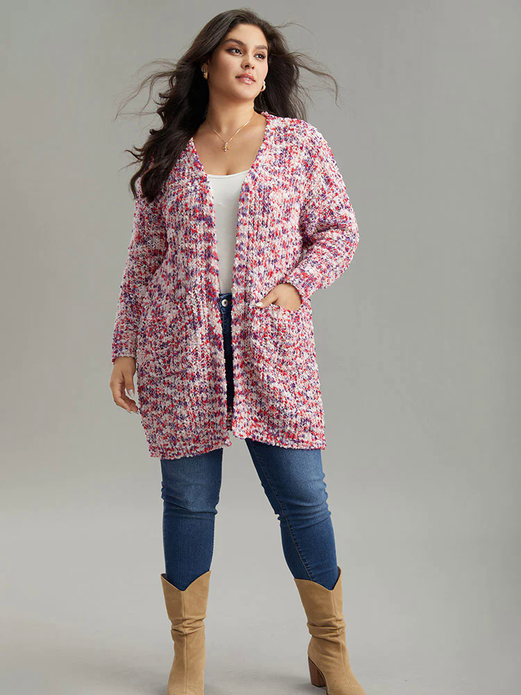 Contrast Fuzzy Open Front Patched Pocket Cardigan Contrast Fuzzy Open Front Patched Pocket Cardigan