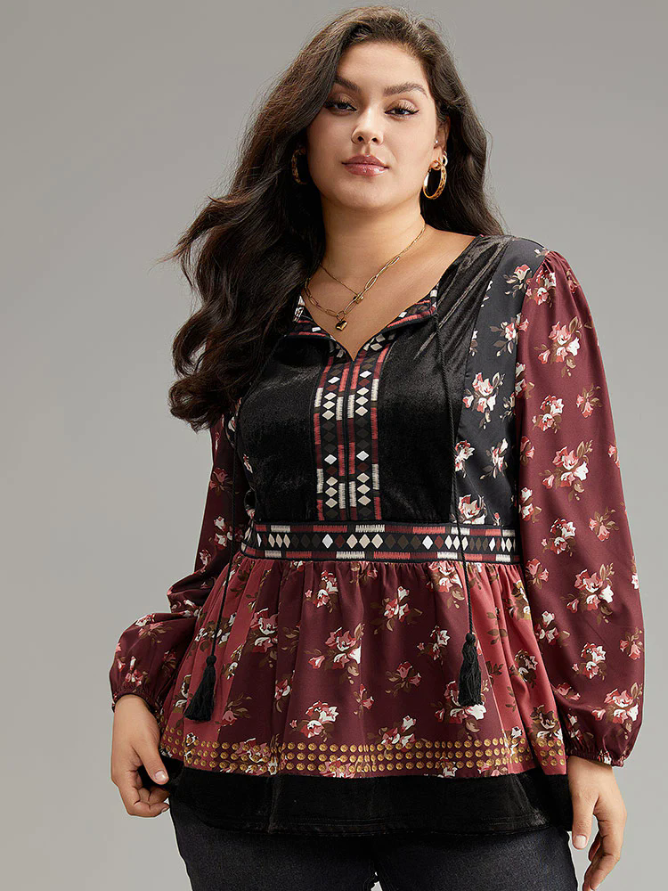 Velvet Floral Contrast Knot Neck Tassel Blouse