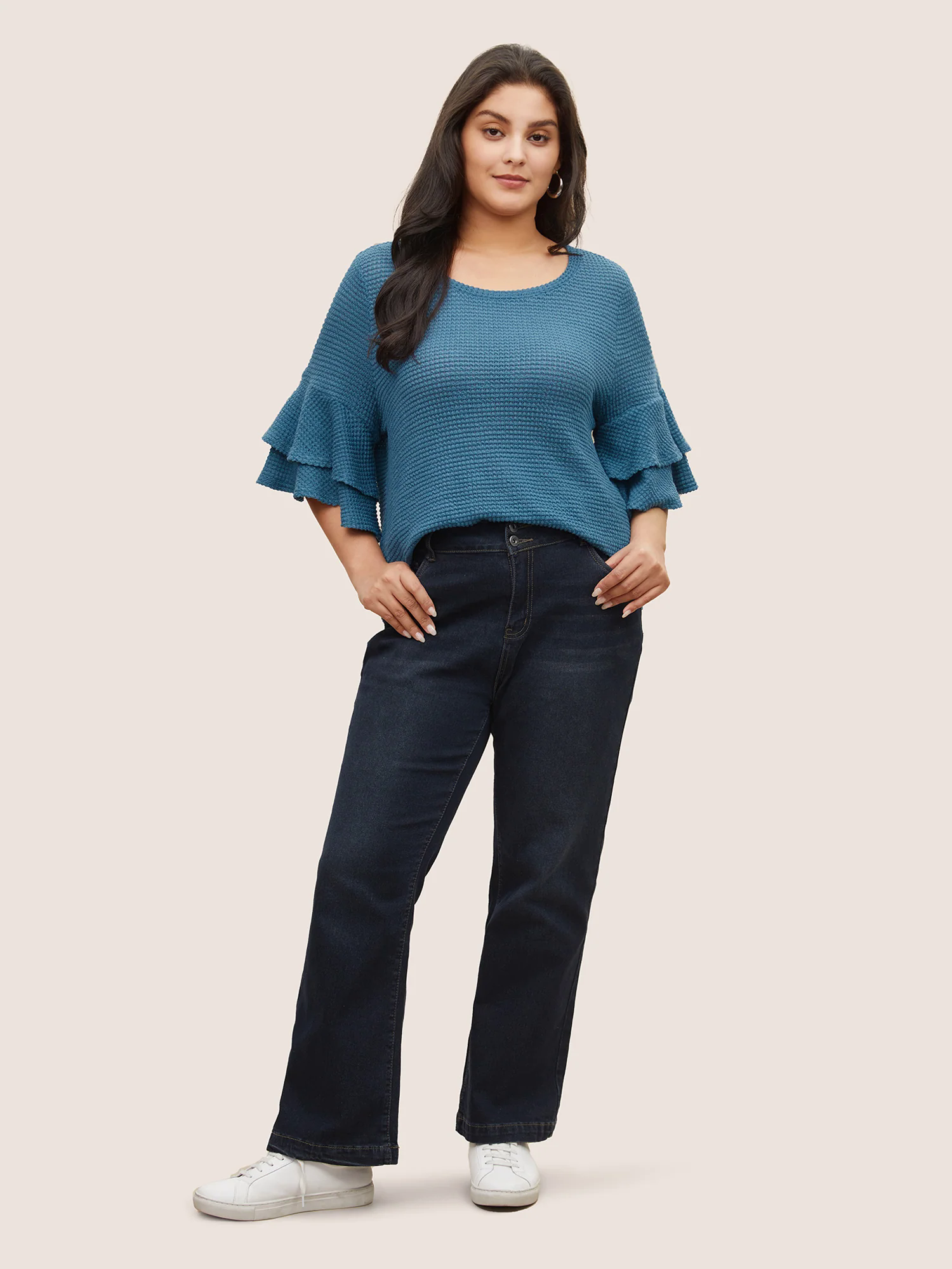 Solid Waffle Knit Tiered Flutter Sleeve T-shirt Solid Waffle Knit Tiered Flutter Sleeve T-shirt