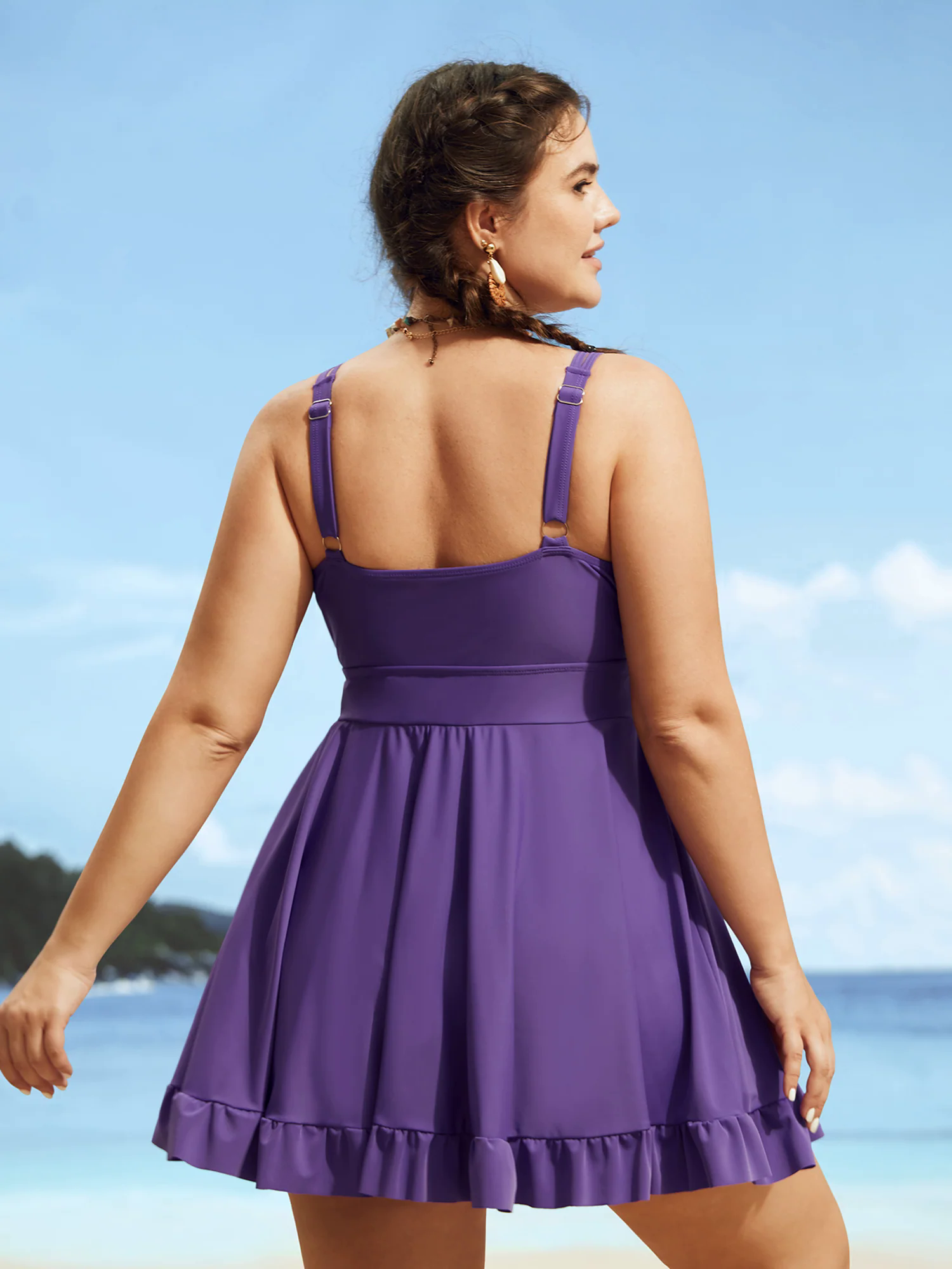 V Neck Solid Tie Knot Ruffles Swim Dress V Neck Solid Tie Knot Ruffles Swim Dress