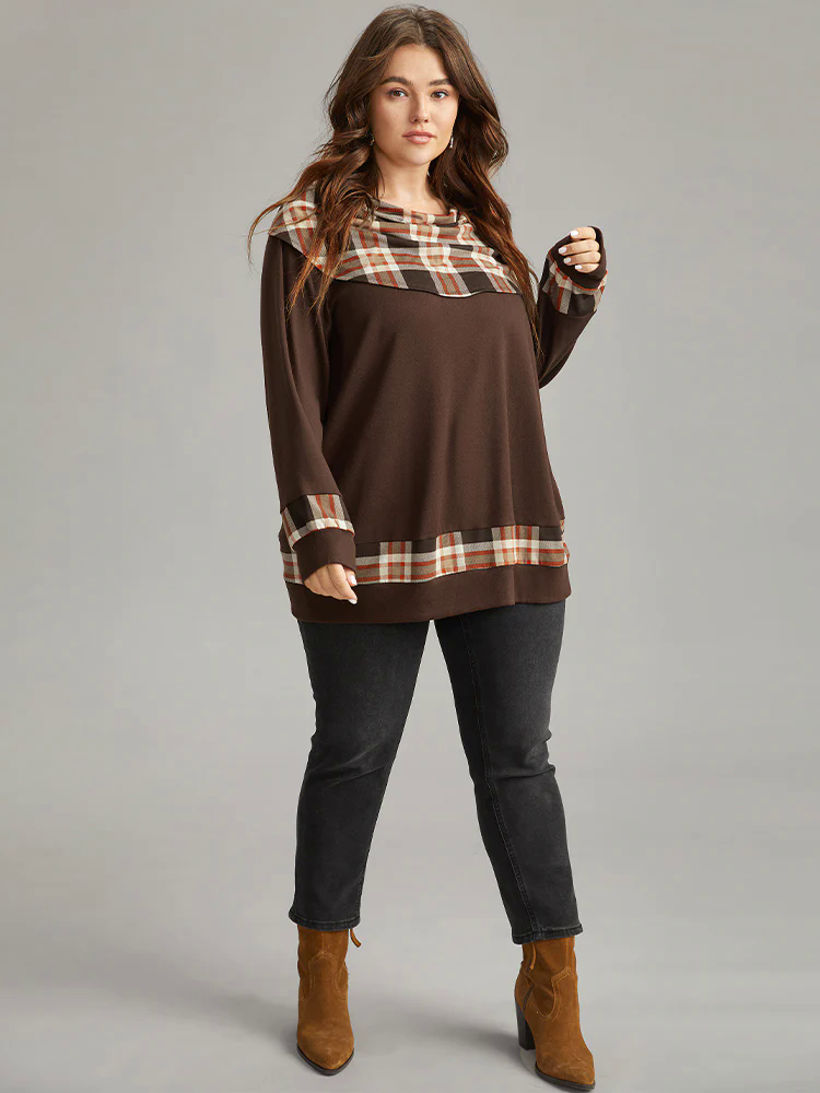 Halloween Plaid Patchwork Cowl Neck T-shirt Halloween Plaid Patchwork Cowl Neck T-shirt