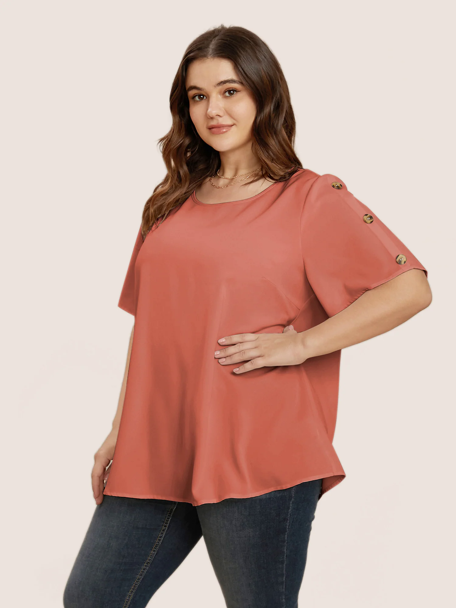 Plain Round Neck Button Detail Blouse Plain Round Neck Button Detail Blouse
