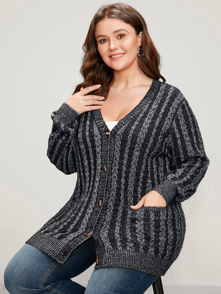 Striped Contrast Pointelle Knit Pocket Button Front Heather Cardigan Striped Contrast Pointelle Knit Pocket Button Front Heather Cardigan