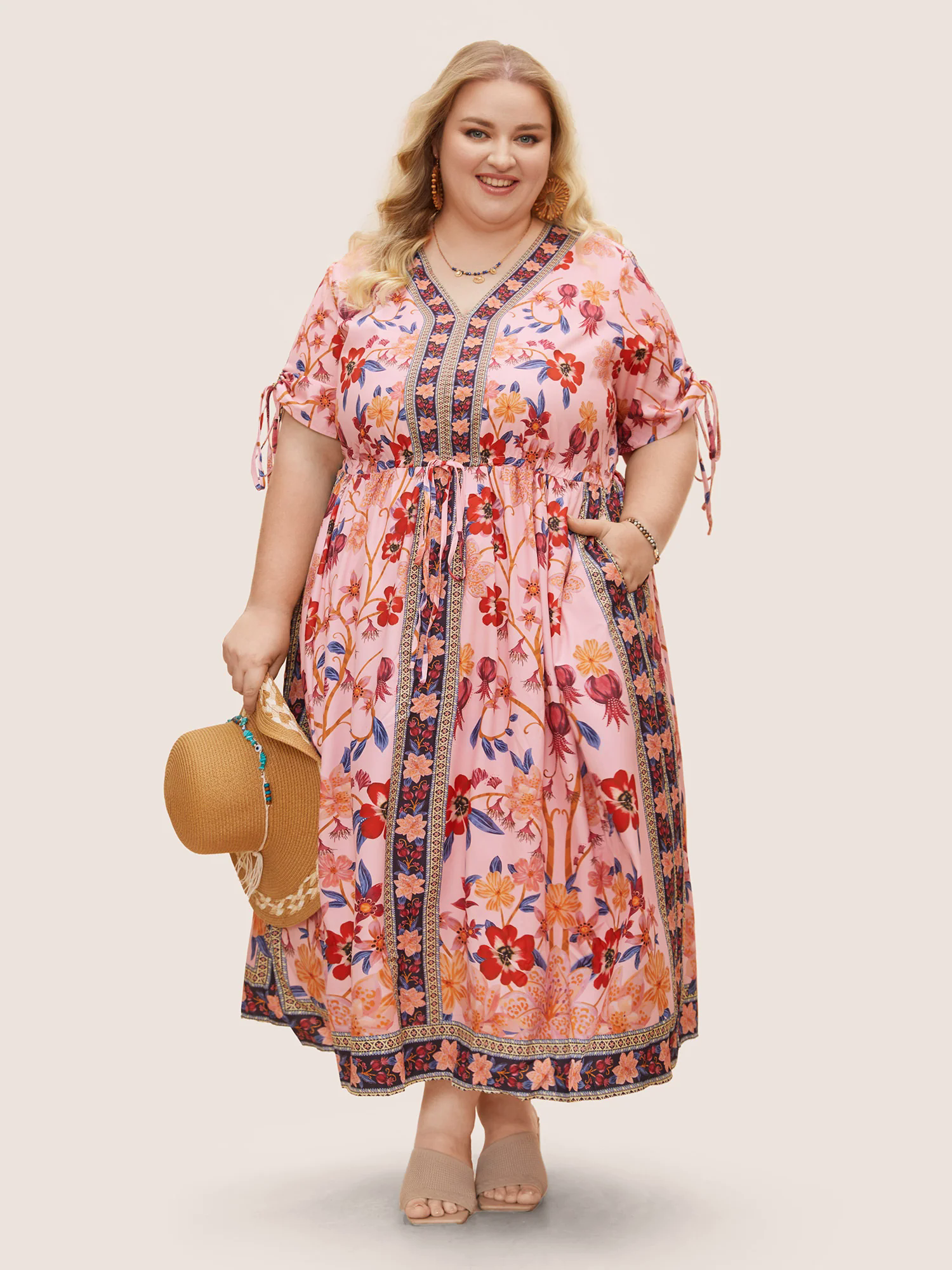 Boho Print V Neck Drawstring Dress Boho Print V Neck Drawstring Dress