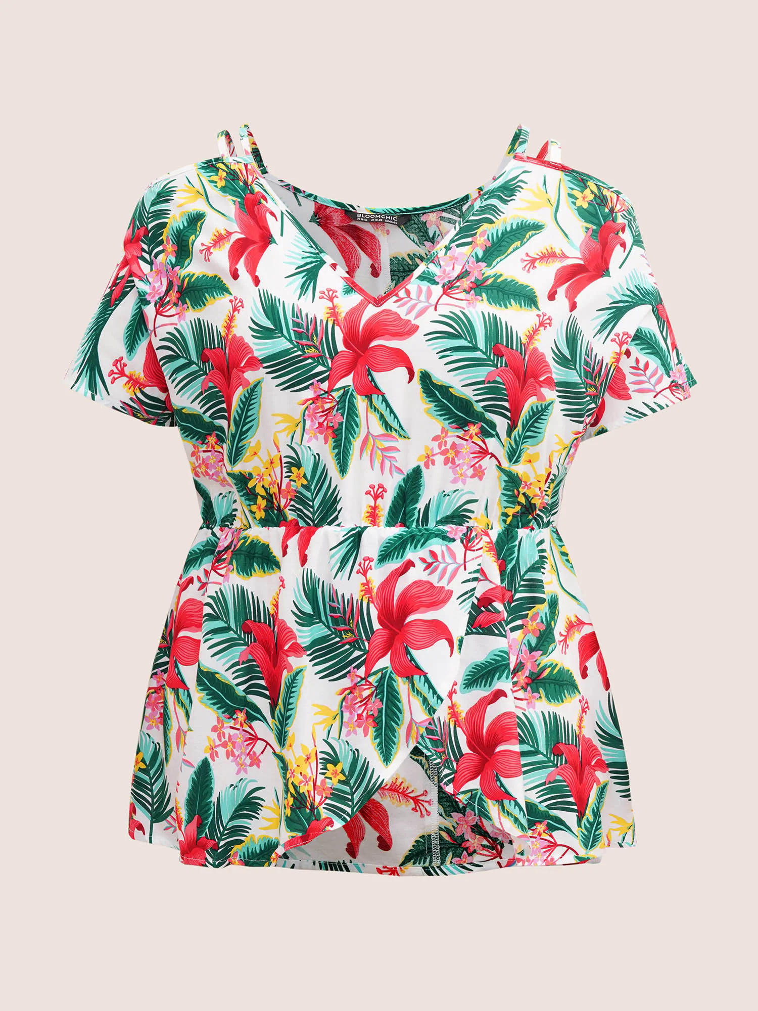 Tropical Print Elastic Waist Cold Shoulder Wrap Hem Blouse Tropical Print Elastic Waist Cold Shoulder Wrap Hem Blouse