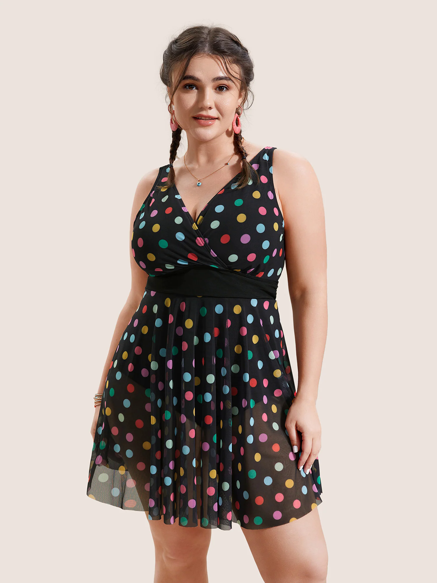 Overlap Collar Colored Polka Dot Swim Dress Overlap Collar Colored Polka Dot Swim Dress