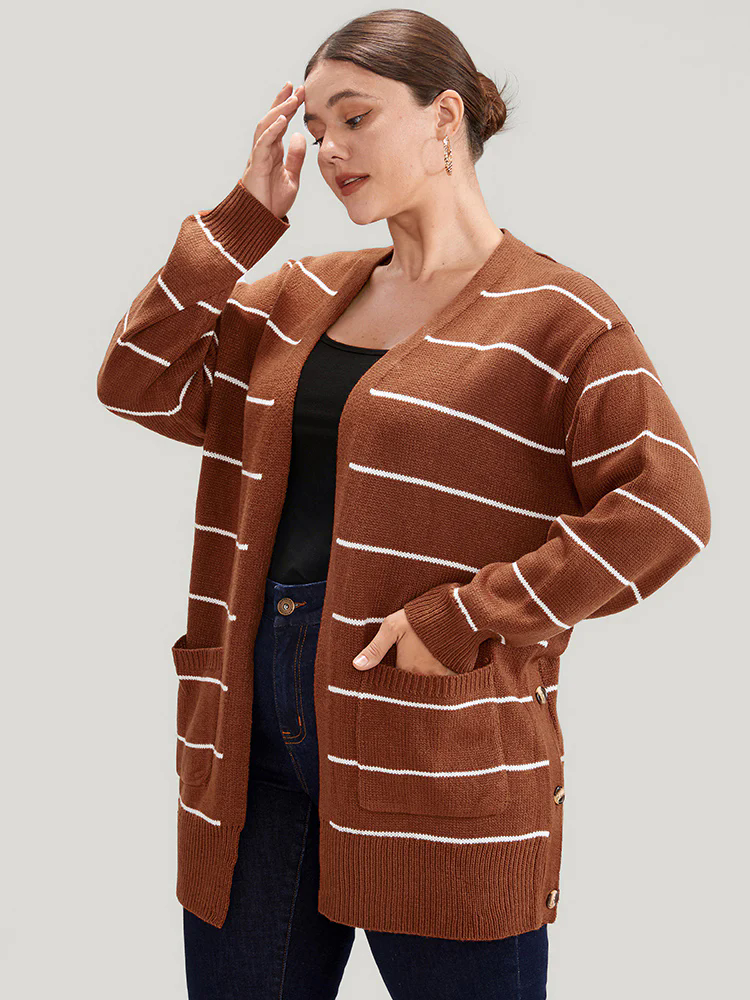Striped Pointelle Knit Button Side Pocket Open Front Cardigan Striped Pointelle Knit Button Side Pocket Open Front Cardigan